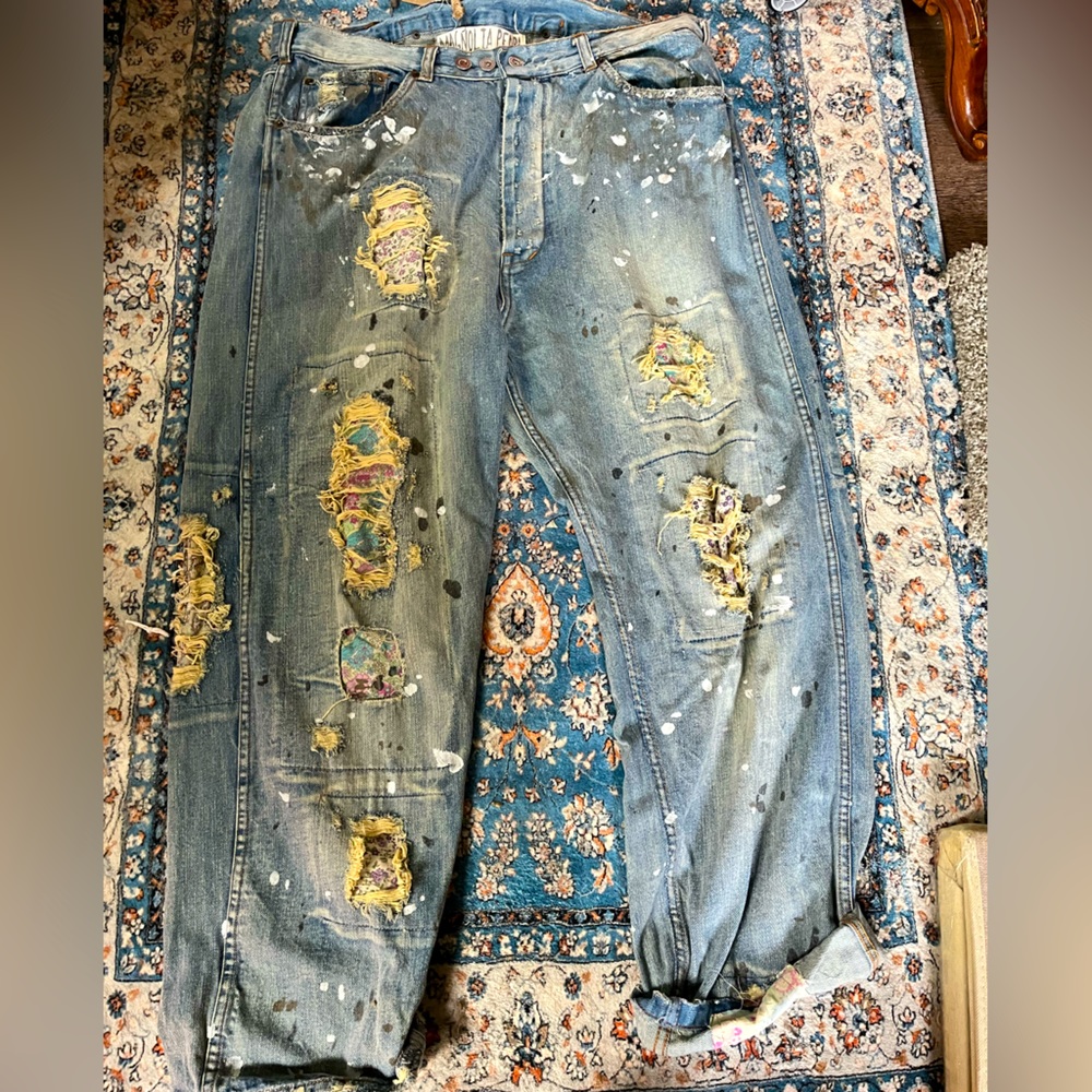 Cotton Miner Denims with Paint and Stains, Hand aging.